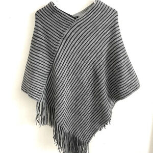 Women's Gray Black Striped Knit Poncho Fringe Hem One Size Cozy Cape Shawl
